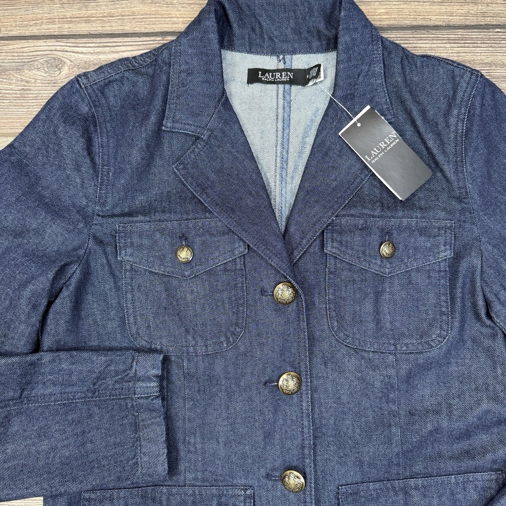 Ralph Lauren Women's Denim Blazer Crest Embossed Metal Buttons Blue‎ Size 6 NEW - Picture 2 of 9